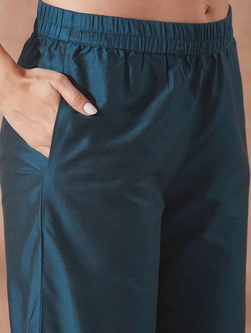 globus women teal embroidered v-neck straight kurta with trouser & paisely printed sequin lace dupatta festive set - 21943115 -  Standard Image - 5