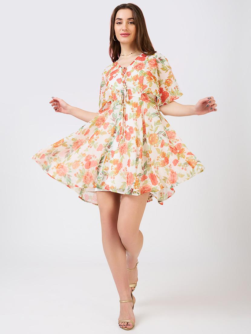 globus women white v-neck flared sleeves floral print tie-up detail mini a-line dress - 21943118 - Zoom Image - 0
