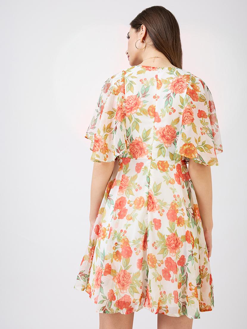 globus women white v-neck flared sleeves floral print tie-up detail mini a-line dress - 21943118 - Standard Image - 3
