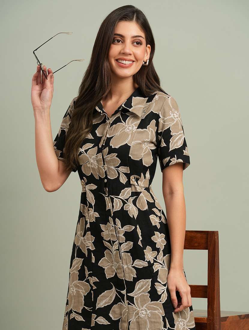 globus women black collared neck short sleeves floral print midi workwear shirt dress - 21943120 -  Standard Image - 3