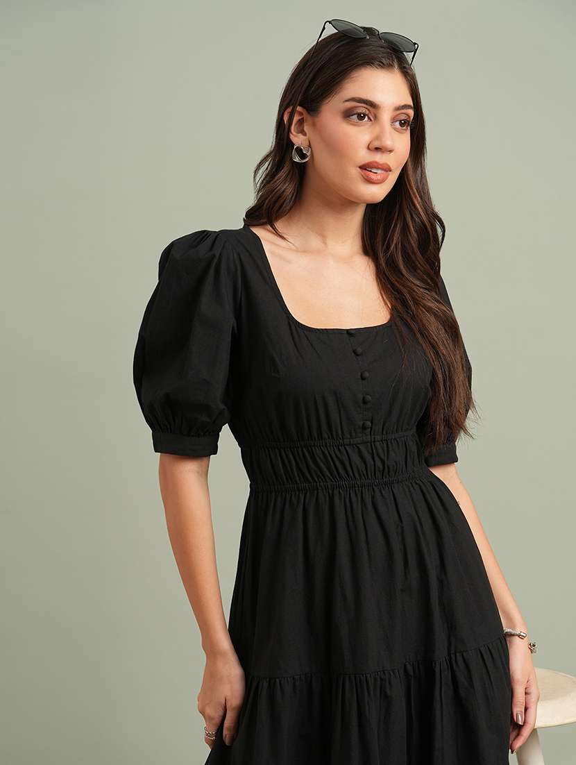 globus women black square neck puff sleeves solid tiered maxi resort dress - 21943123 - Standard Image - 3