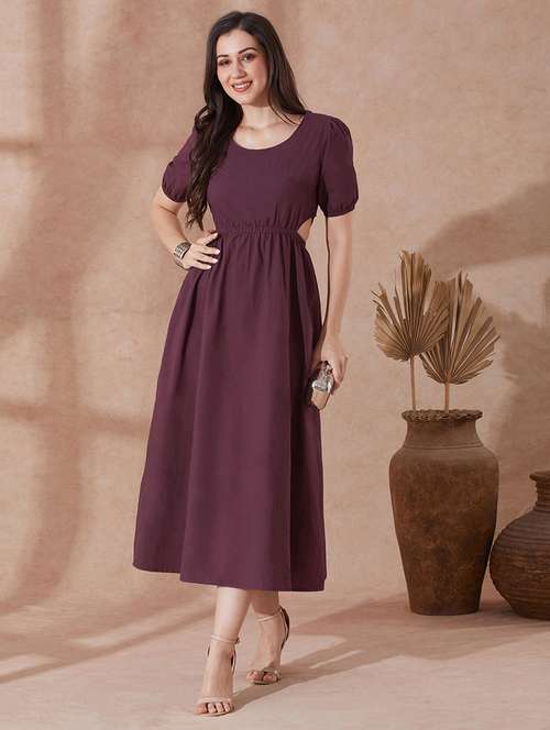 globus women burgundy round neck puff sleeves solid cut out detail a-line midi resort dress - 21943124 - Standard Image - 0