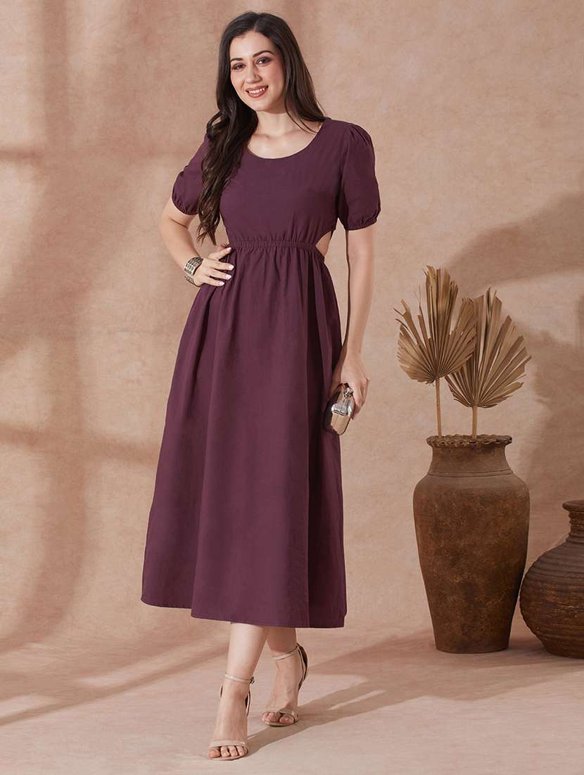 globus women burgundy round neck puff sleeves solid cut out detail a-line midi resort dress - 21943124 - Zoom Image - 0