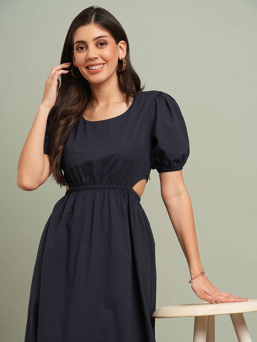 globus women navy blue round neck puff sleeves solid cut out detail a-line midi resort dress - 21943125 -  Standard Image - 3