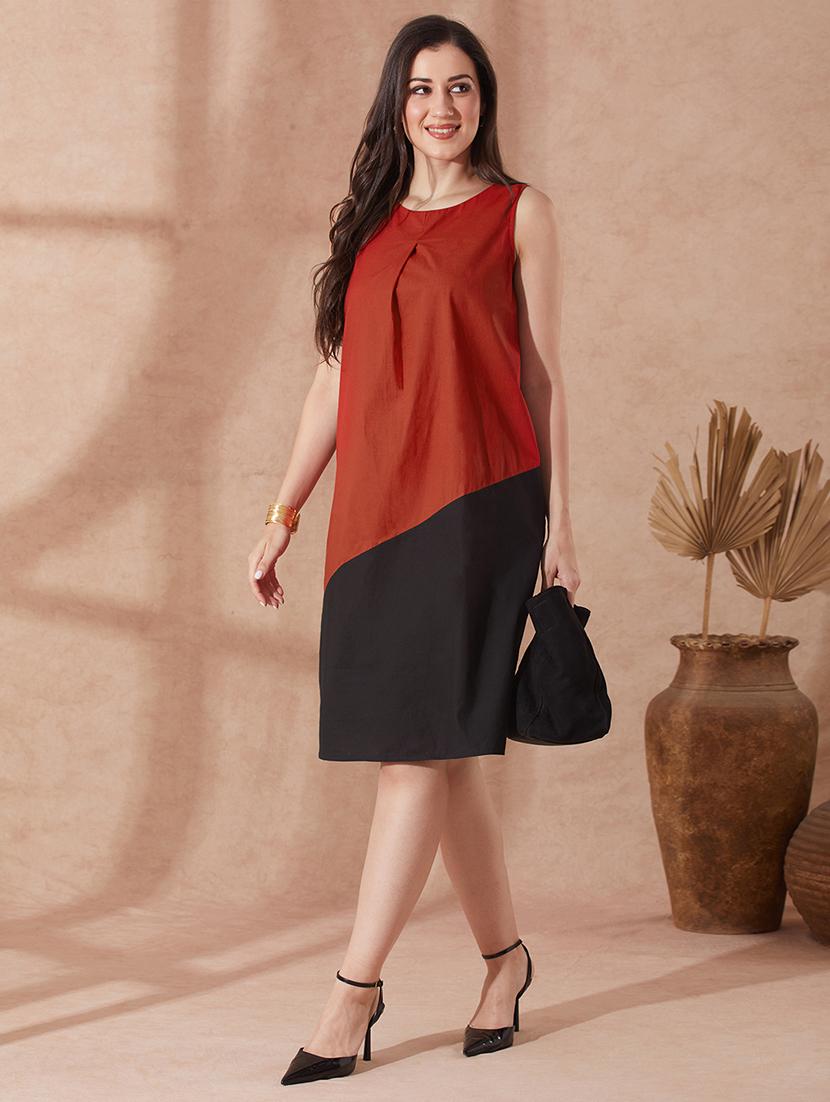 globus women red round neck colourblocked a-line knee length dress