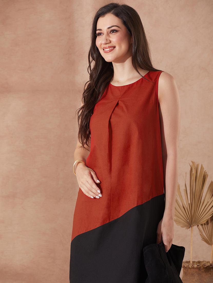 globus women red round neck colourblocked a-line knee length dress - 21943126 - Standard Image - 3