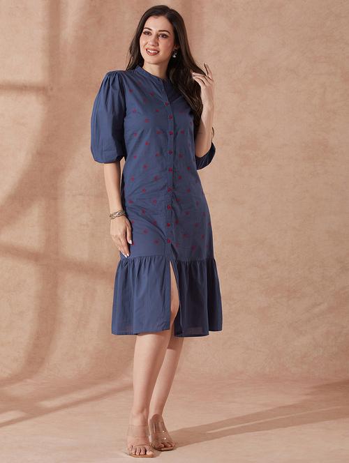 globus women blue round neck puff sleeves floral embroidered tiered dress - 21943128 - Standard Image - 0