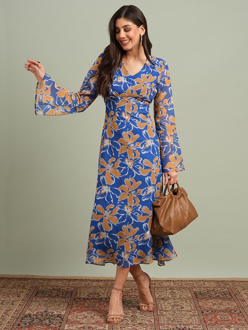 globus women blue floral printed v-neck bell sleeves flared hem gathered a-line maxi dress - 21943131 -  Zoom Image - 0