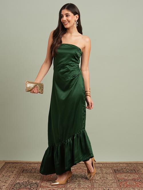 globus women green off-shoulder solid pleated & ruffle detail satin tiered maxi party dress - 21943136 - Standard Image - 0