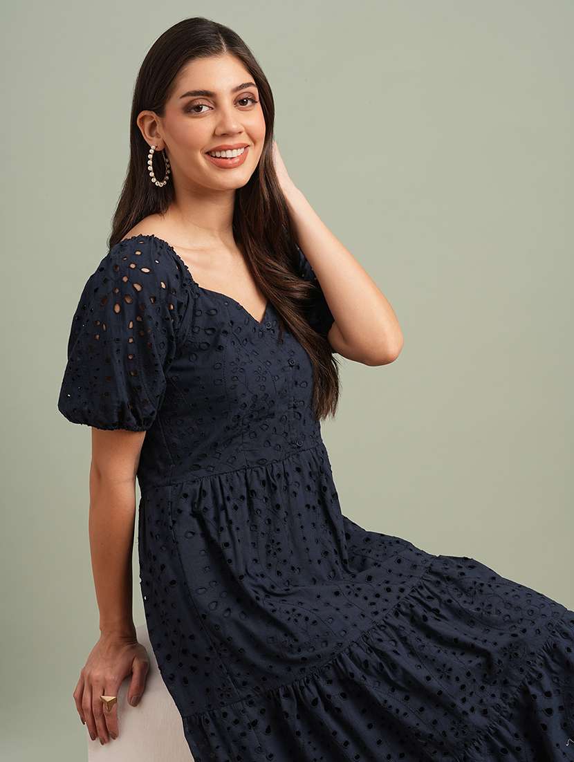 globus women navy blue sweetheart neck puff sleeves self design schiffli tiered a-line midi resort dress - 21943138 -  Standard Image - 3