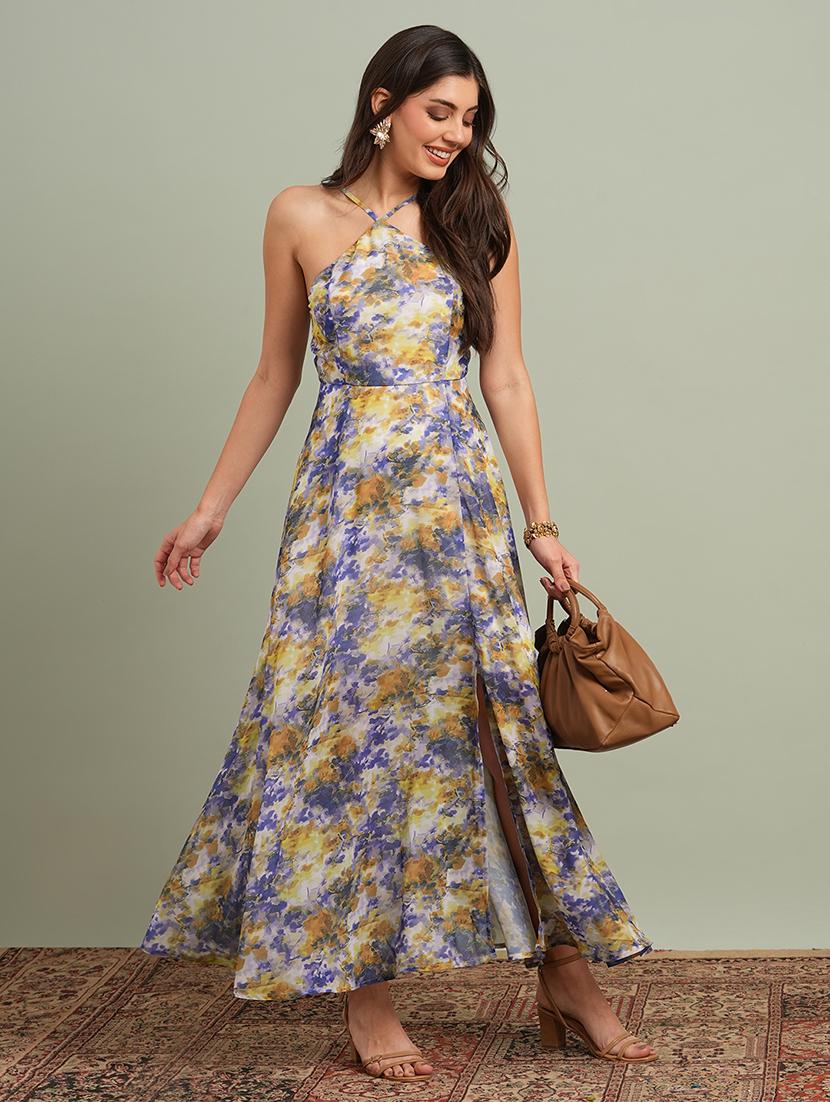 globus women yellow abstract print halter neck flared hem a-line maxi resort dress