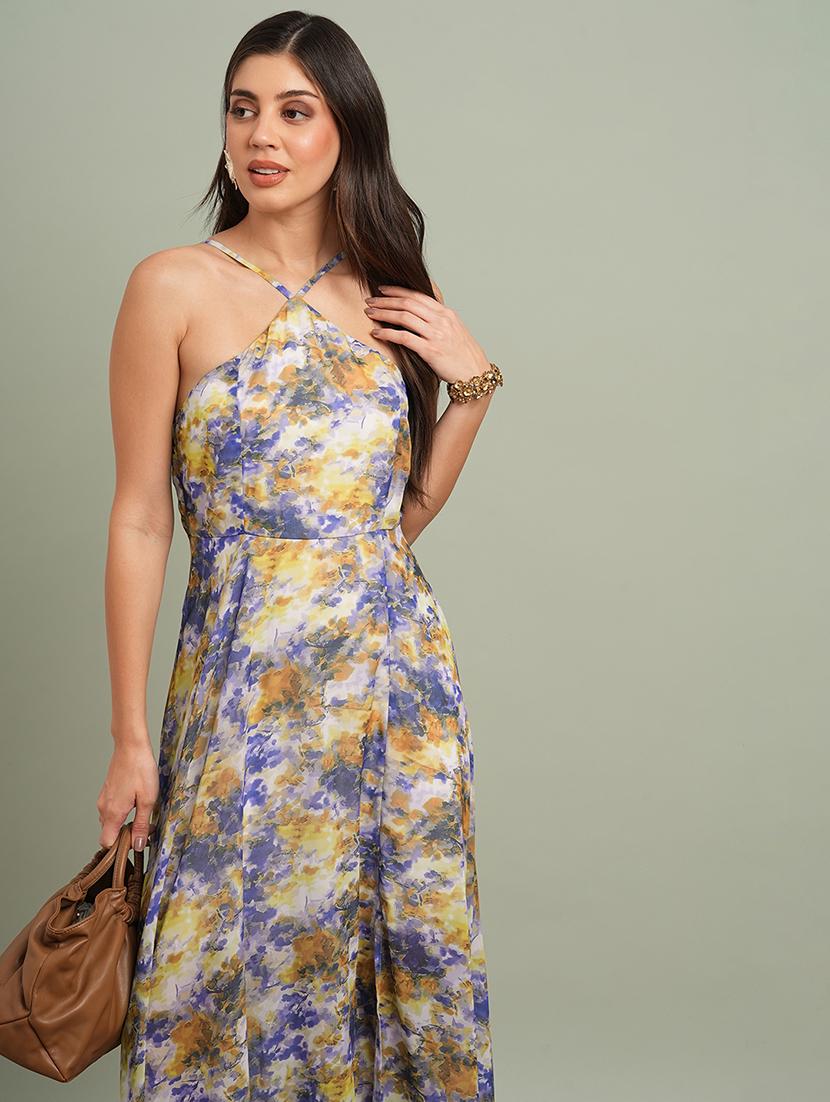 globus women yellow abstract print halter neck flared hem a-line maxi resort dress - 21943143 - Standard Image - 3