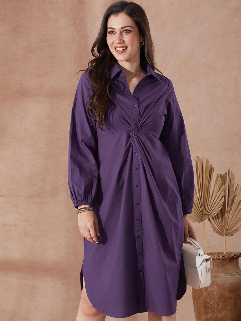 globus women mauve collared neck bishop sleeves solid twist knot detail midi workwear shirt dress - 21943146 - Standard Image - 3