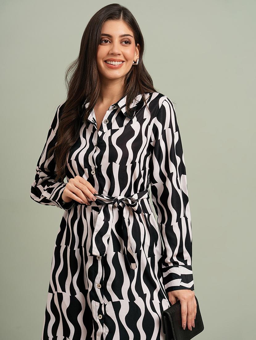 globus women black collared neck cuffed sleeves abstract print maxi workwear shirt dress with belt - 21943150 - Standard Image - 3