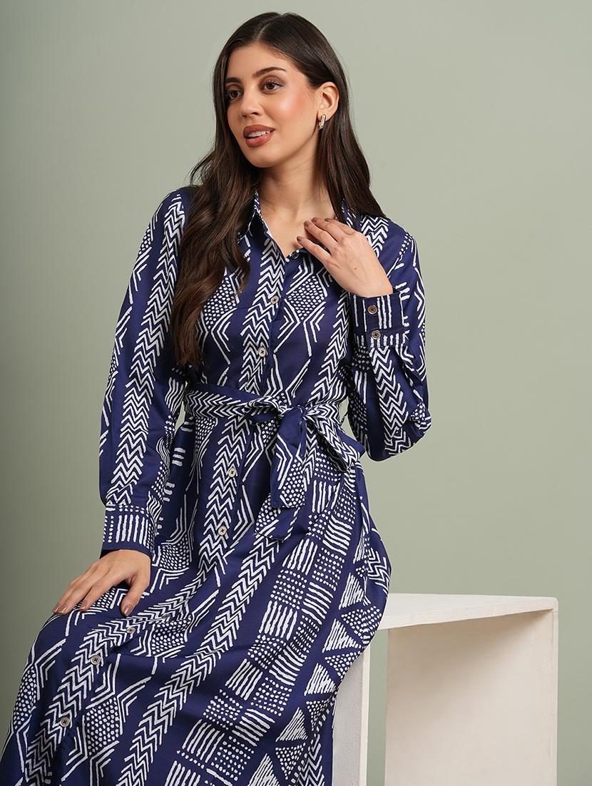 globus women blue collared neck cuffed sleeves maxi workwear shirt dress with belt - 21943151 - Standard Image - 3
