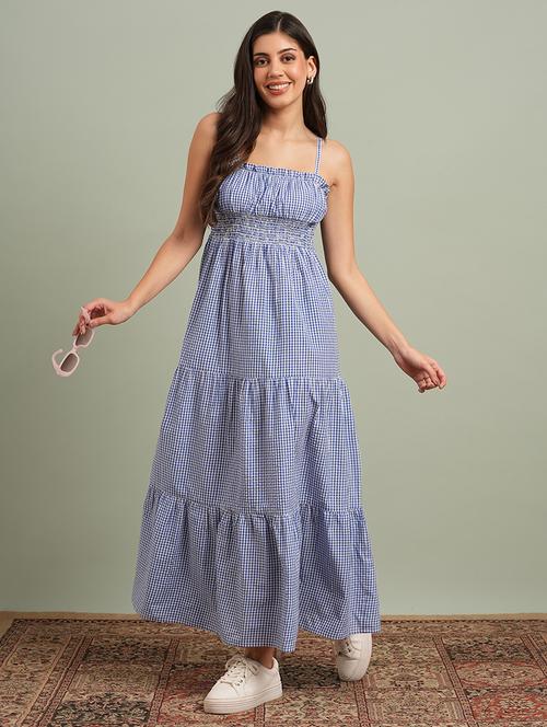 globus women blue square neck strappy shoulder gingham checks smocked tiered fit & flare maxi resort dress - 21943152 - Standard Image - 0