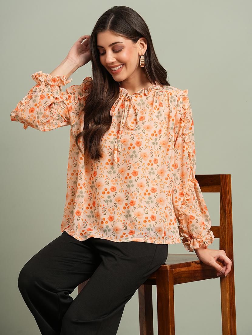 globus women orange floral print bishop sleeves tie-up round neck ruffle detail top - 21943197 - Zoom Image - 0
