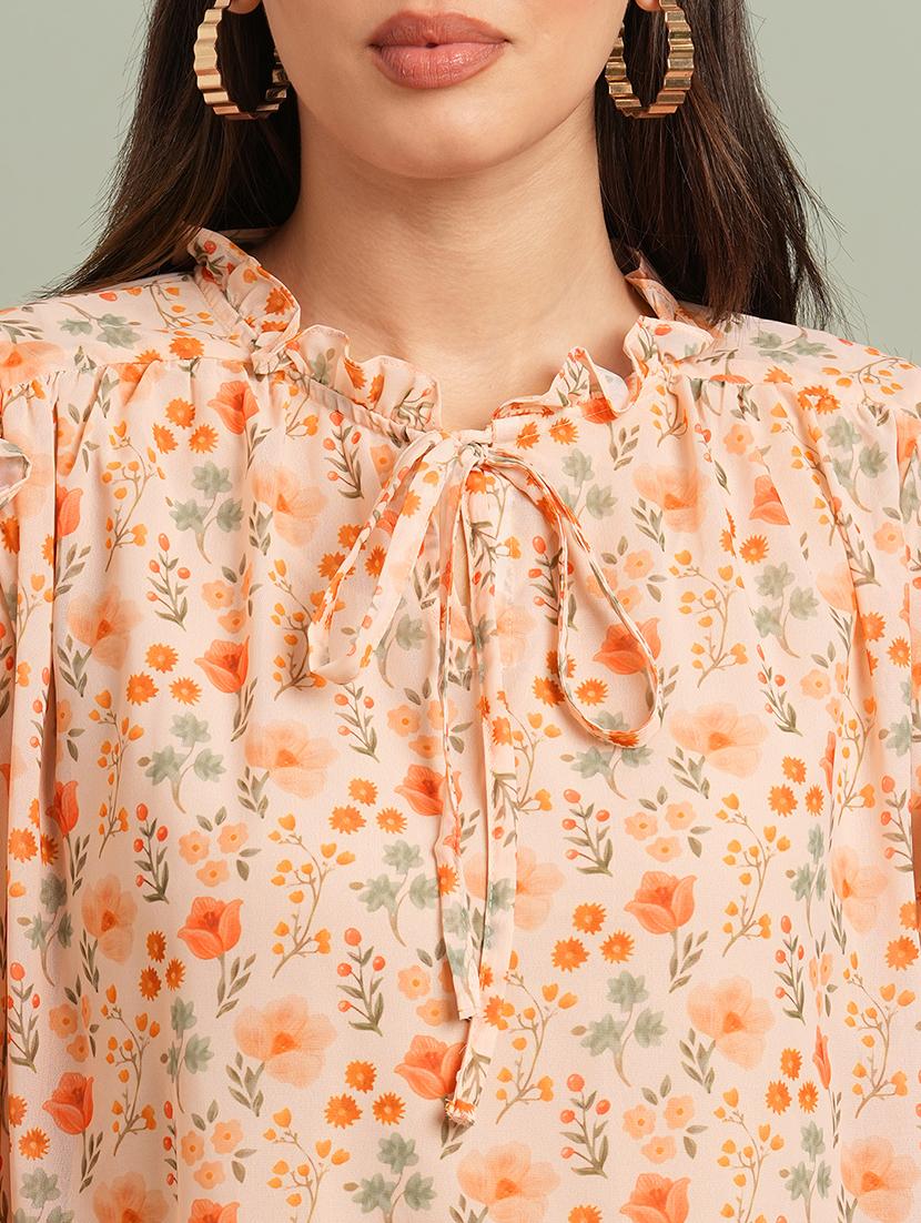 globus women orange floral print bishop sleeves tie-up round neck ruffle detail top - 21943197 - Standard Image - 3