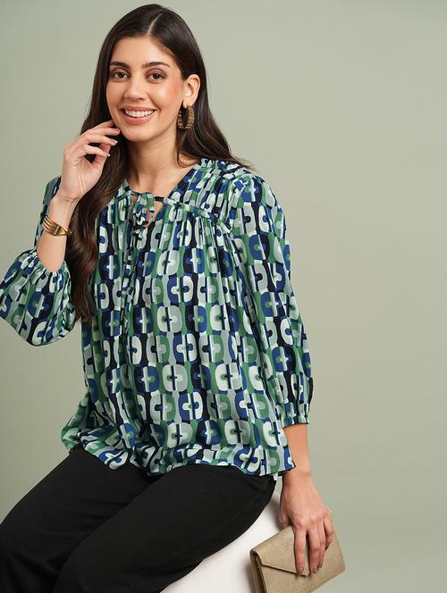 globus women green v-neck bishop sleeves abstract print tie up detailing top - 21943200 - Standard Image - 0