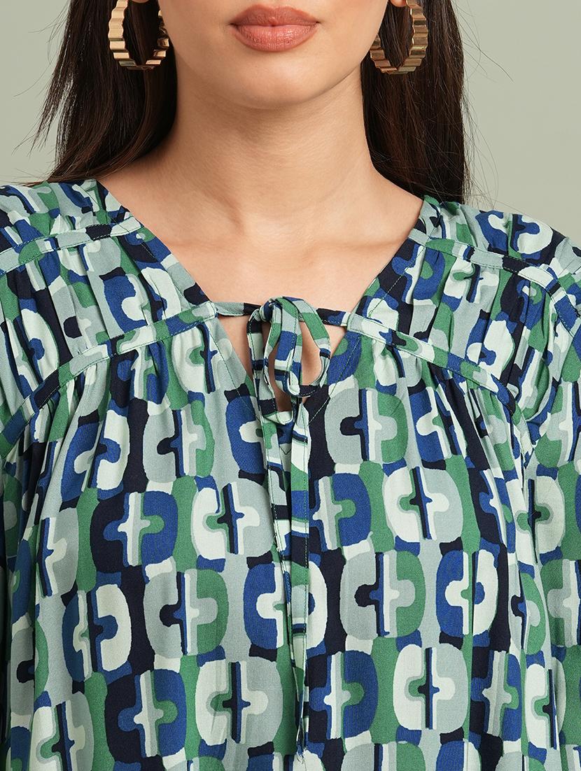 globus women green v-neck bishop sleeves abstract print tie up detailing top - 21943200 - Standard Image - 3