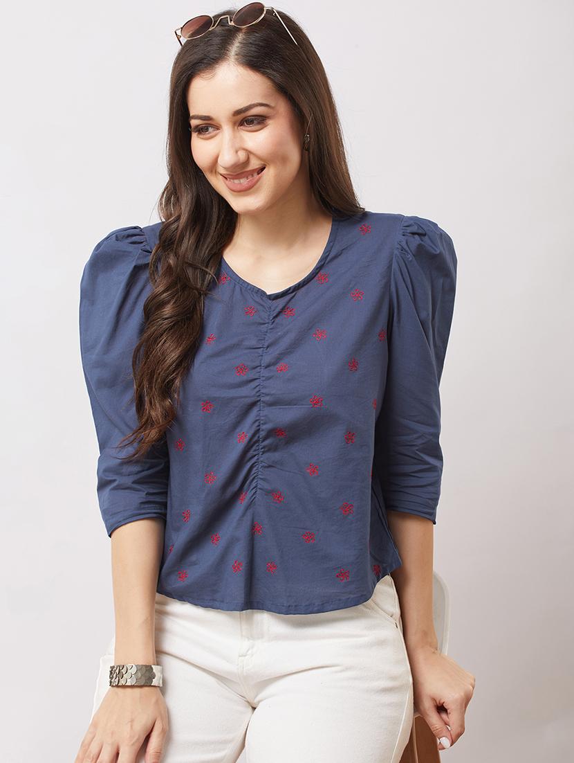 globus women blue puff sleeves floral embroidered gathered detail top - 21943202 - Zoom Image - 0