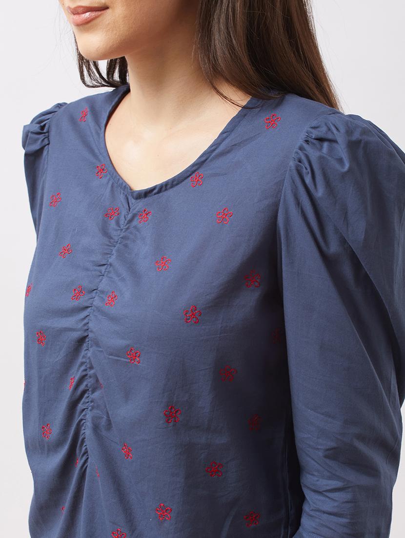 globus women blue puff sleeves floral embroidered gathered detail top - 21943202 - Standard Image - 3
