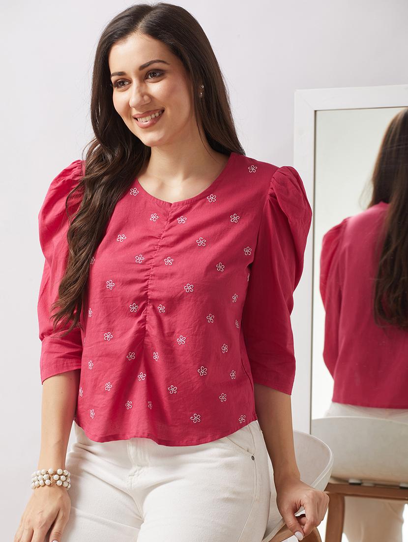 globus women pink puff sleeves floral embroidered gathered detail top - 21943203 - Zoom Image - 0