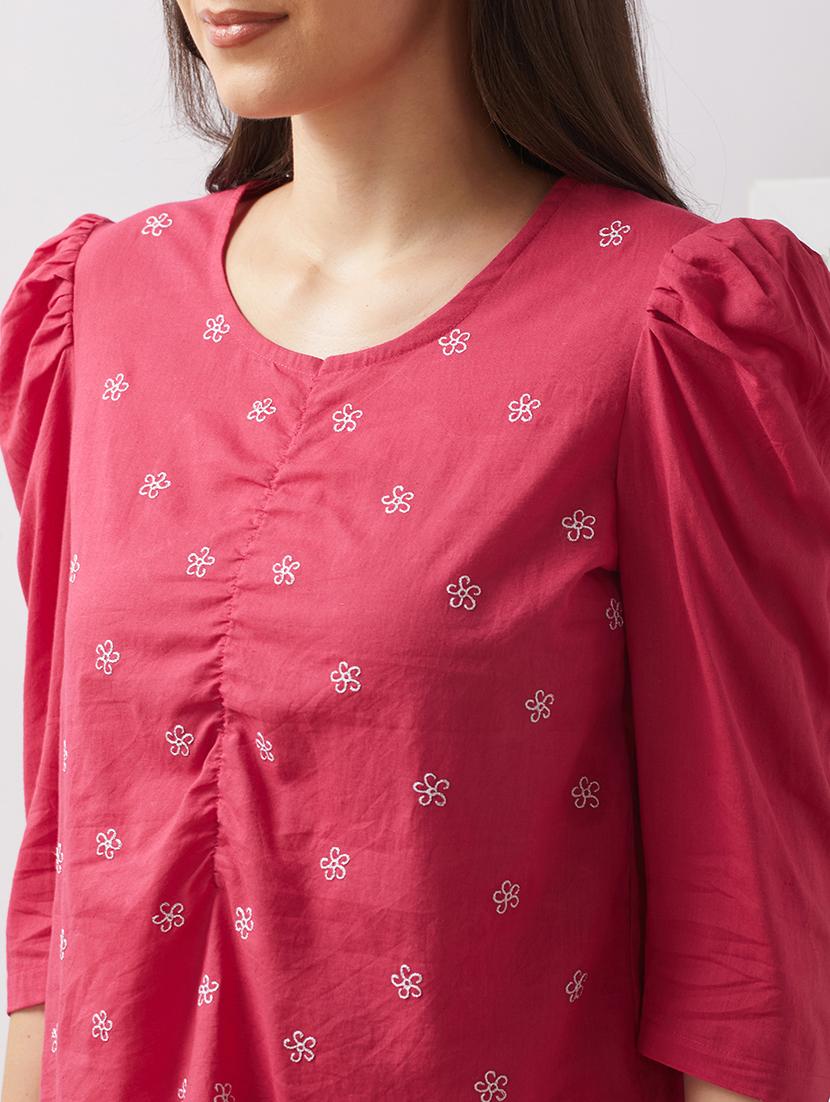 globus women pink puff sleeves floral embroidered gathered detail top - 21943203 - Standard Image - 3