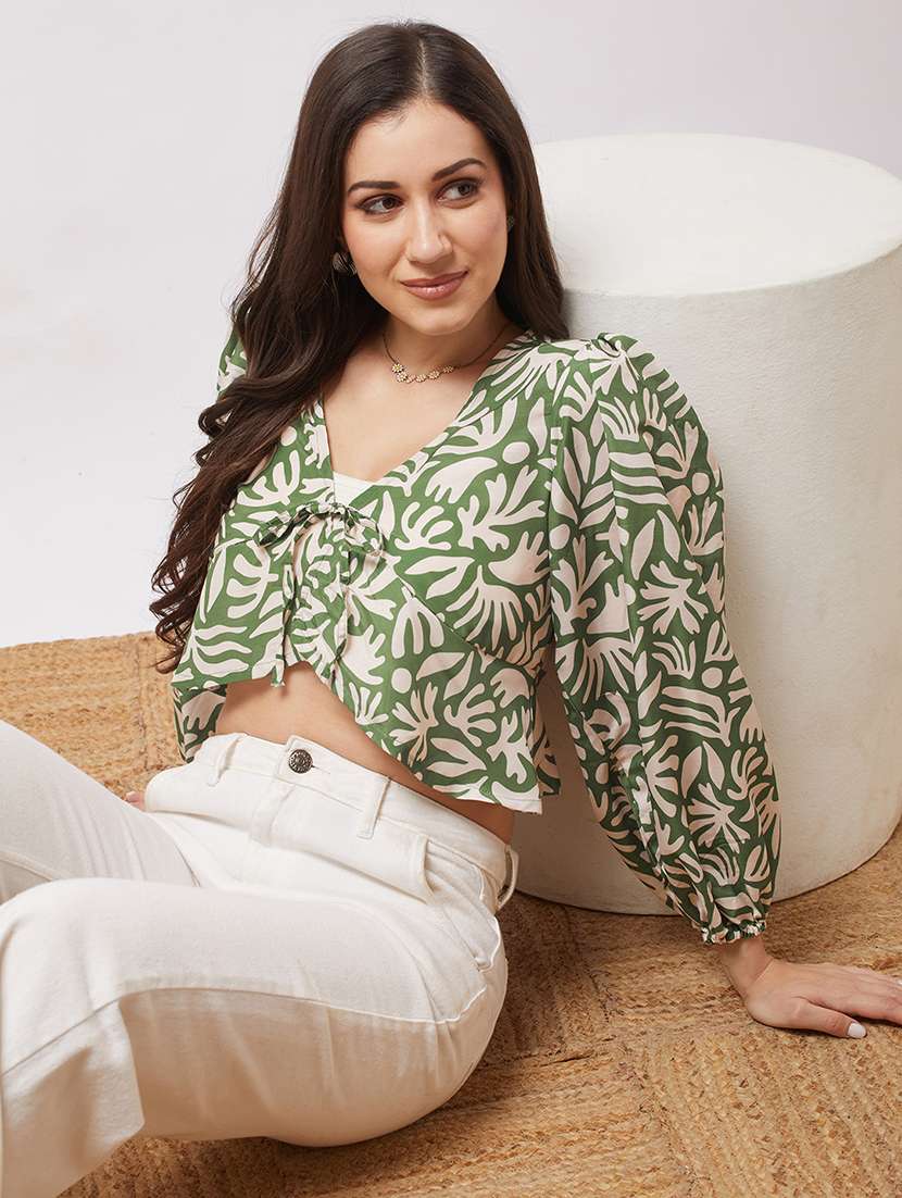 globus women green v-neck bishop sleeves abstract print tie-up detail crop top