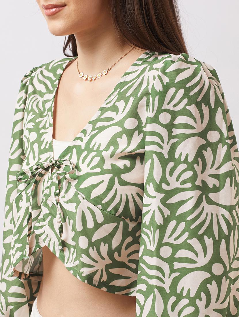 globus women green v-neck bishop sleeves abstract print tie-up detail crop top - 21943207 - Standard Image - 3