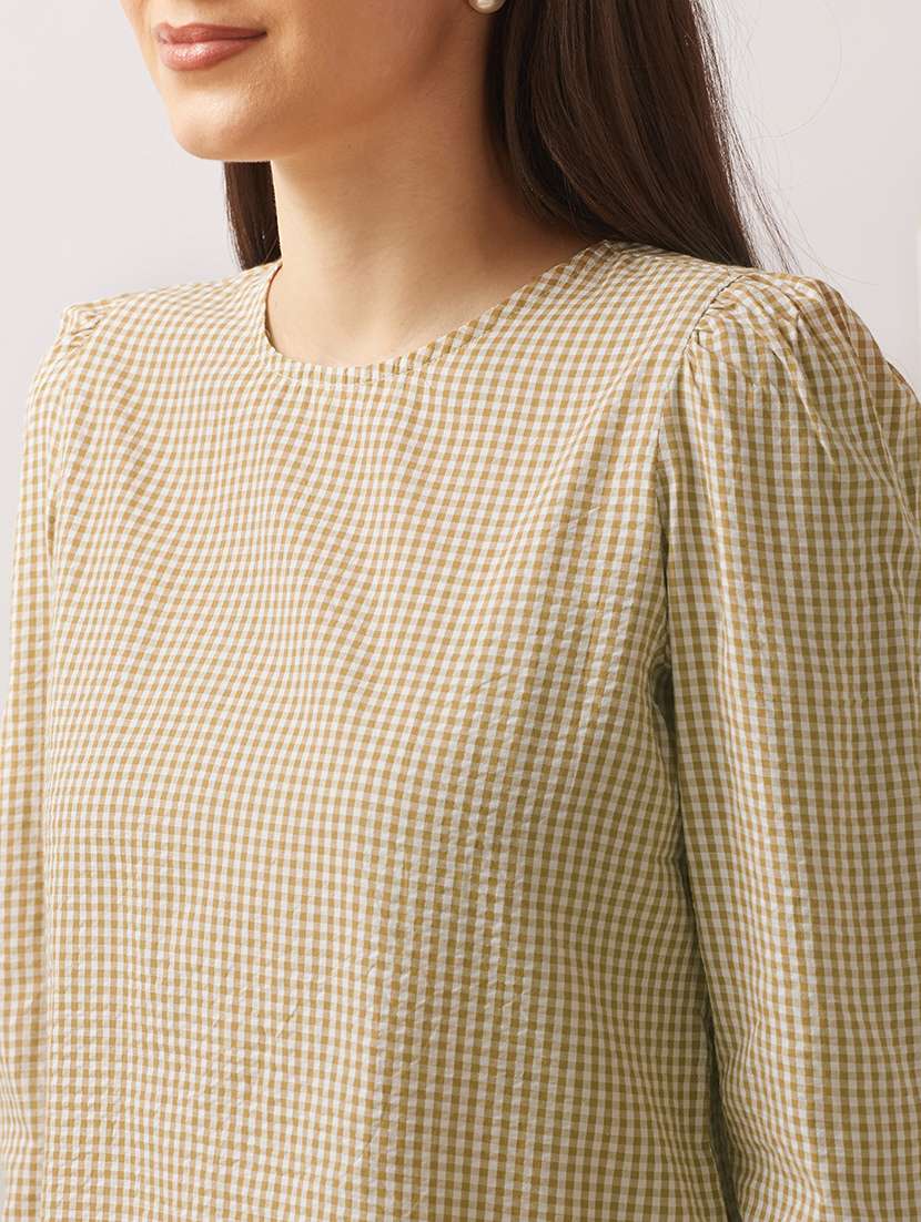 globus women neo mint checkered back button detailing cuffed sleeves curved hem shirt style top - 21943210 -  Standard Image - 3