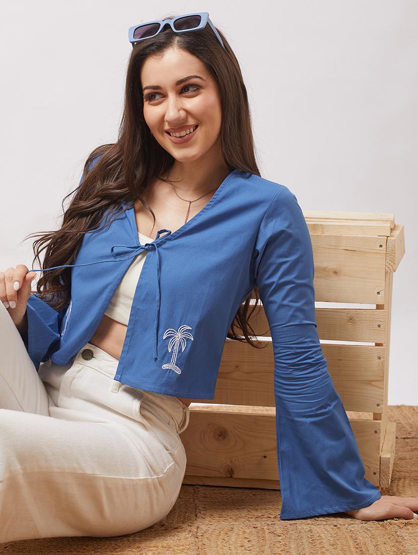 globus women blue tie-up v-neck bell sleeves embroidered detail front open crop top