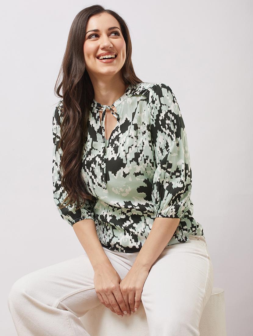globus women black tie-up v-neck bishop sleeves abstract print top - 21943213 - Zoom Image - 0