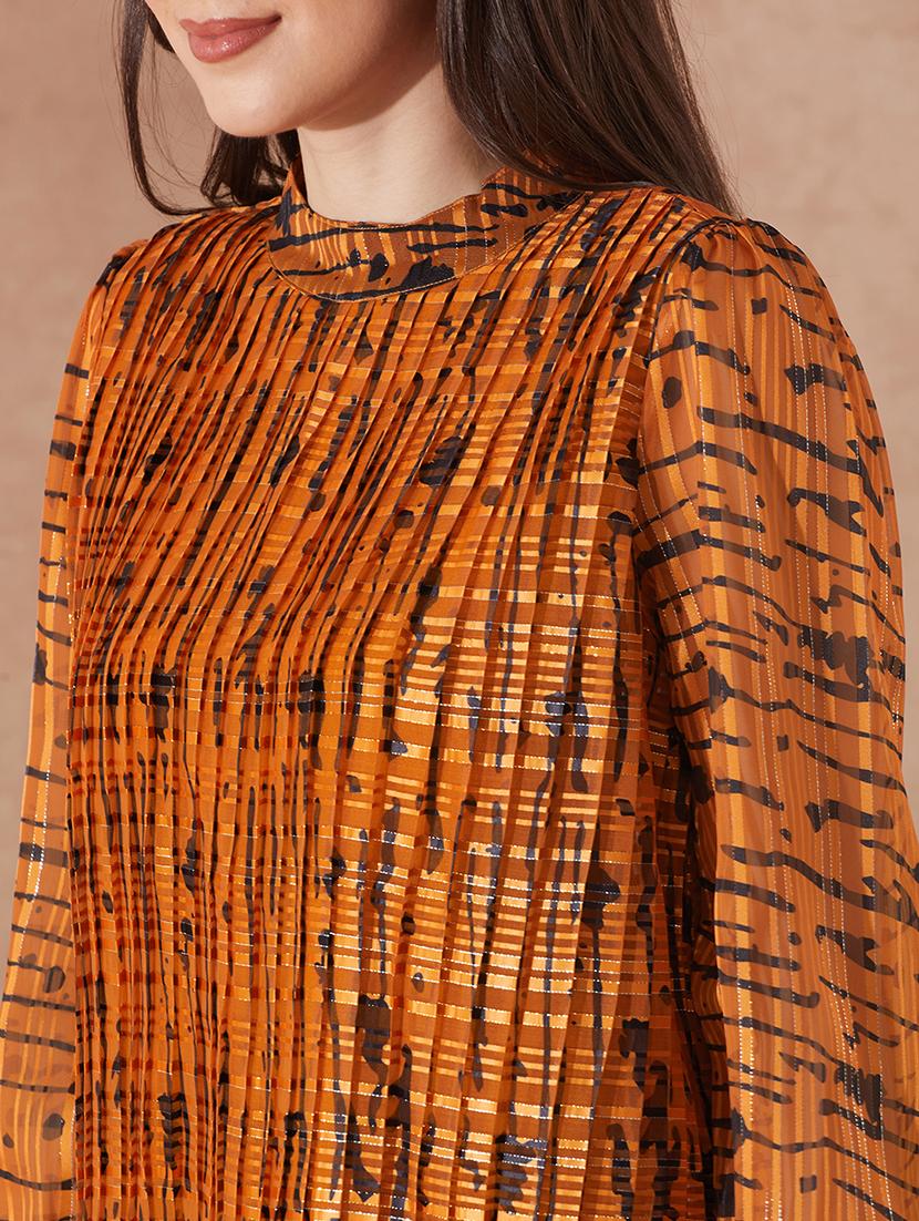 globus women rust satin abstract print crew neck bishop sleeves accordion pleat top - 21943214 - Standard Image - 3
