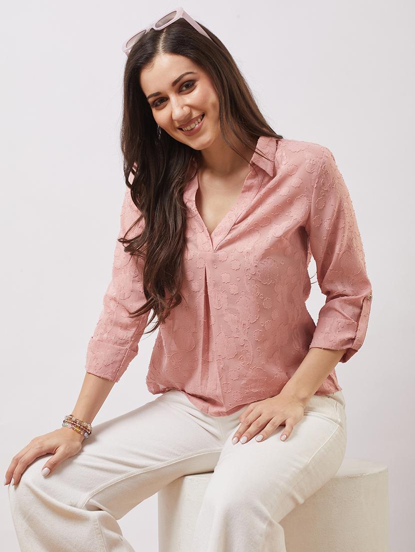 globus women pink collared v-neck roll-up sleeves floral self design shirt style top - 21943215 - Zoom Image - 0