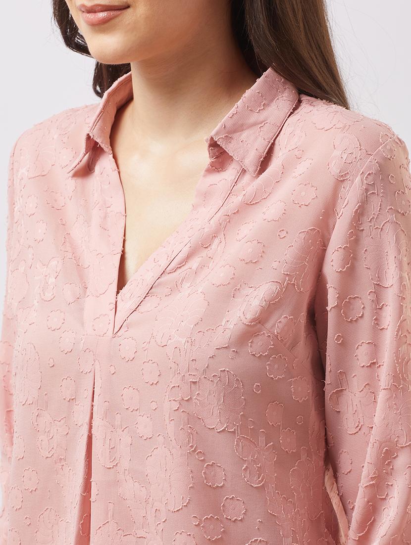 globus women pink collared v-neck roll-up sleeves floral self design shirt style top - 21943215 - Standard Image - 3