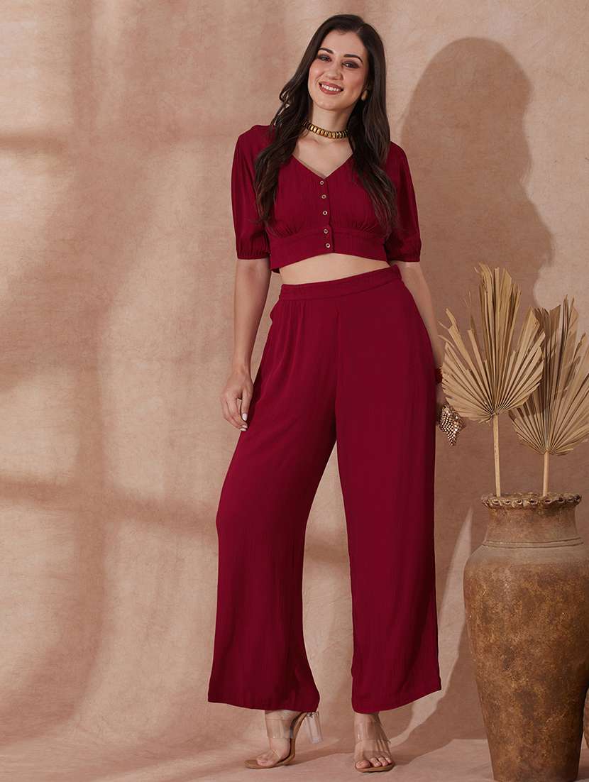 globus women pink v-neck solid button detail crop top with wide leg trousers co-ord set