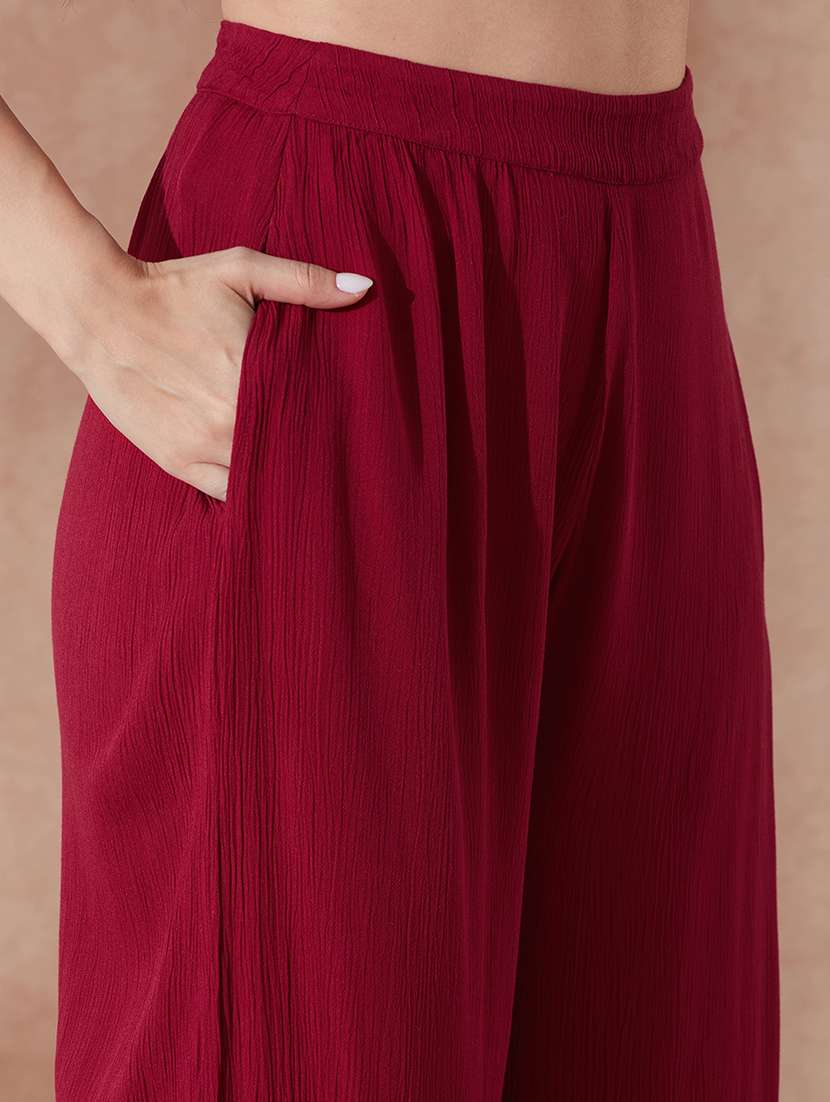 globus women pink v-neck solid button detail crop top with wide leg trousers co-ord set - 21943216 -  Standard Image - 5