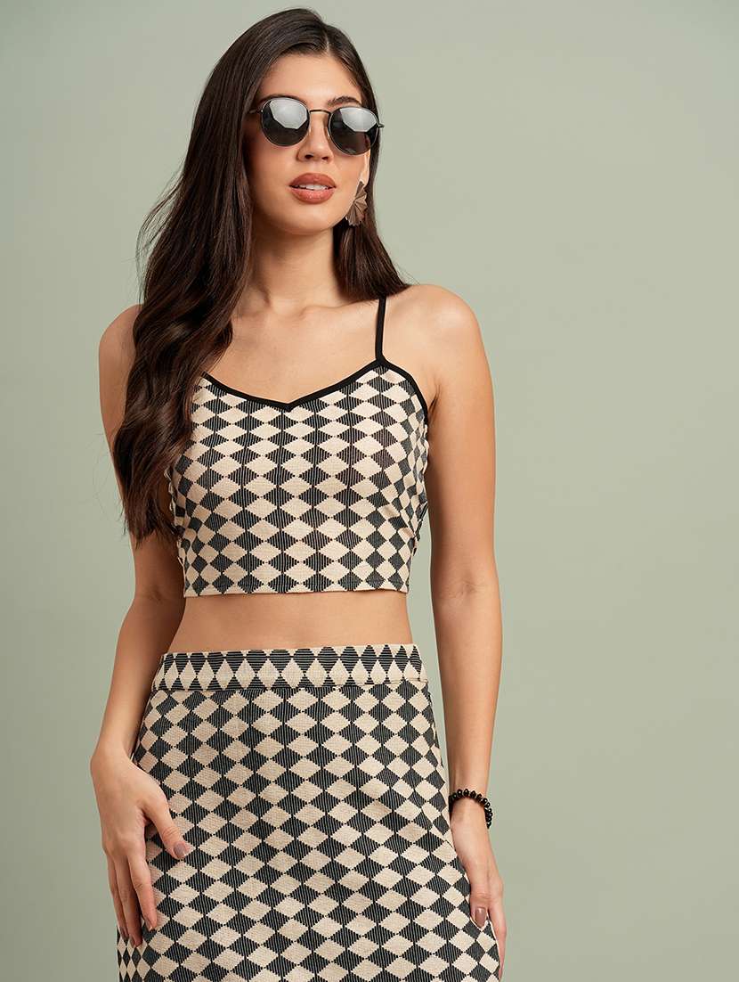 globus women black v-neck shoulder strap abstract print crop top with skirt resort co-ord set - 21943217 -  Standard Image - 3