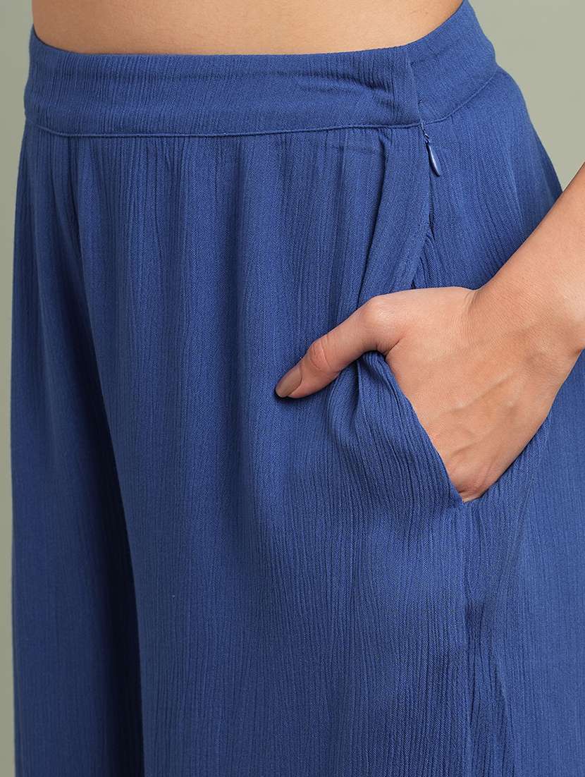 globus women blue v-neck solid button detail crop top with wide leg trousers co-ord set - 21943218 -  Standard Image - 5