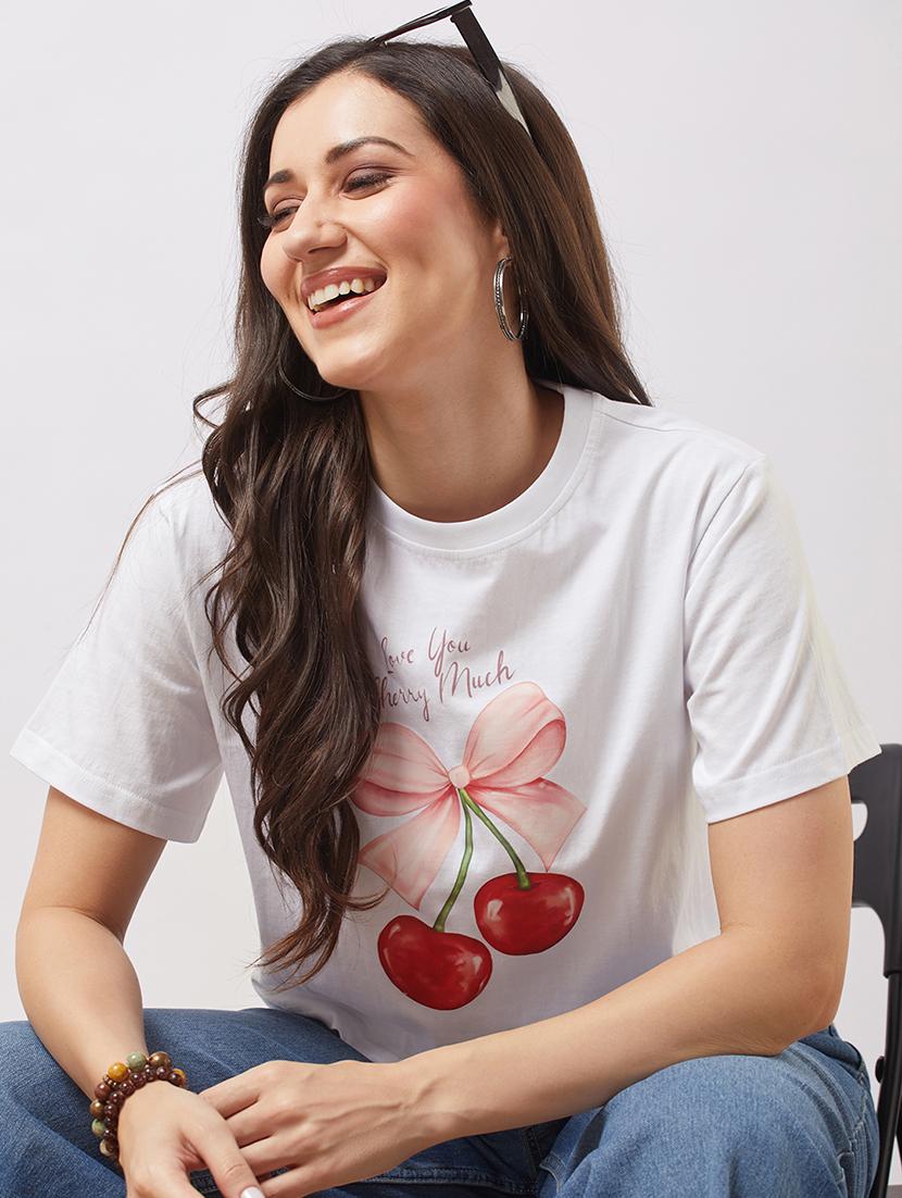 globus women white round neck short sleeves cherry print boxy t-shirt - 21943223 -  Zoom Image - 0