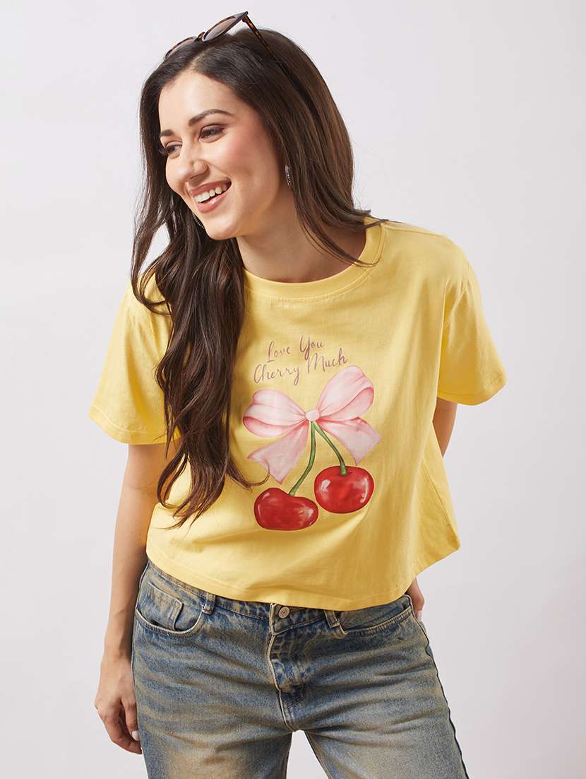globus women yellow round neck short sleeves cherry print boxy t-shirt