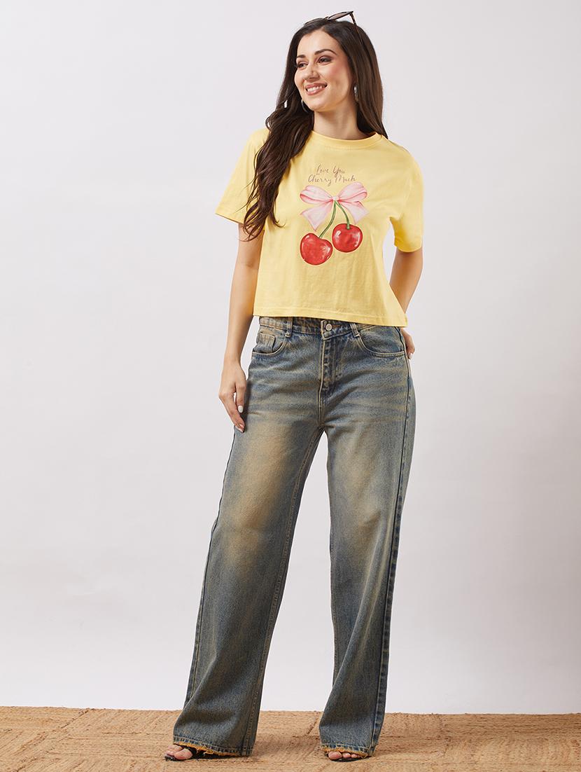 globus women yellow round neck short sleeves cherry print boxy t-shirt - 21943224 - Standard Image - 3