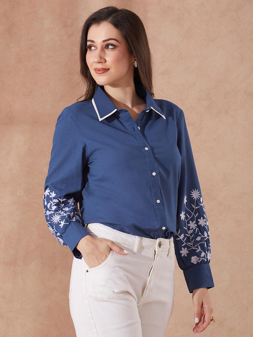 globus women blue collared neck floral embriodered cuff sleeves curved hem shirt - 21943263 - Zoom Image - 0