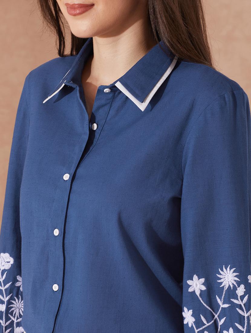 globus women blue collared neck floral embriodered cuff sleeves curved hem shirt - 21943263 - Standard Image - 3