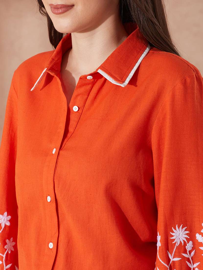 globus women rust collared neck floral embriodered cuff sleeves curved hem shirt - 21943264 -  Standard Image - 3