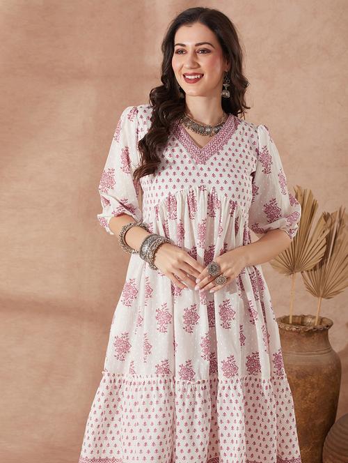 women pink puff sleeve tiered ethnic dress - 21943265 -  Standard Image - 0