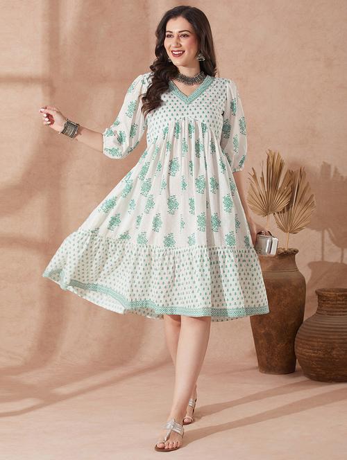 women green puff sleeve tiered ethnic dress - 21943266 -  Standard Image - 0