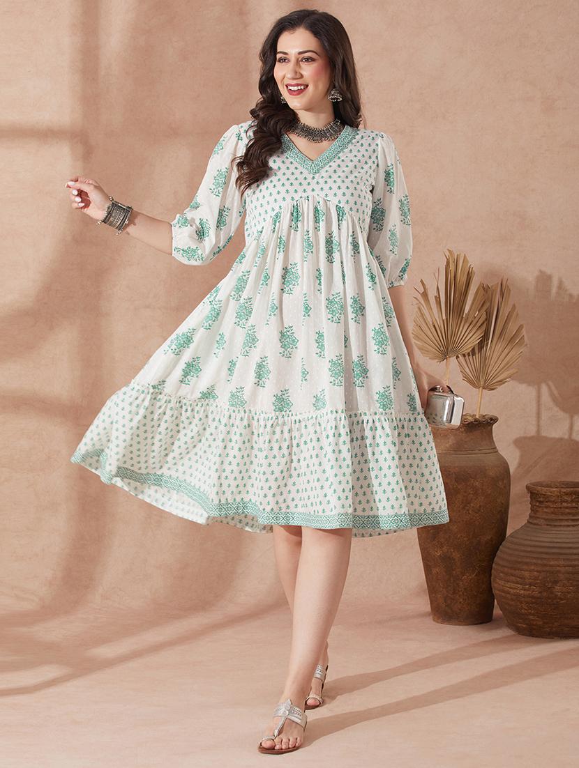 women green puff sleeve tiered ethnic dress - 21943266 -  Zoom Image - 0