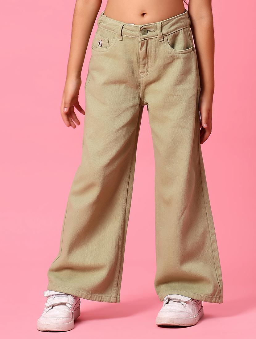 girls olive solid mid rise wide leg jeans